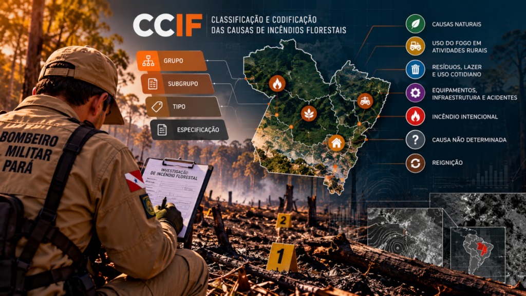 Ilustração conceitual da investigação de incêndios florestais e da organização geoespacial dos dados relacionados às suas causas.