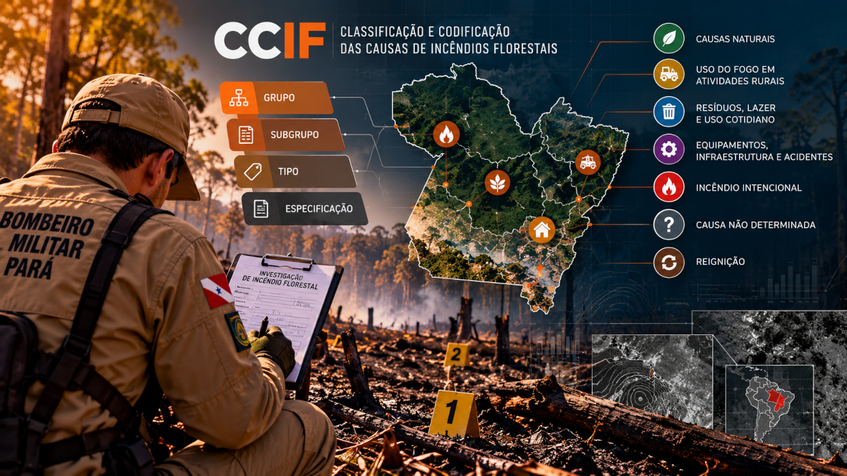 Ilustração conceitual da investigação de incêndios florestais e da organização geoespacial dos dados relacionados às suas causas.
